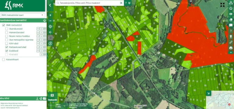 RMK metsatöödekaart 28.08.2022. Mõned eraldised RMK metsatööde kaardil on “KESK”.